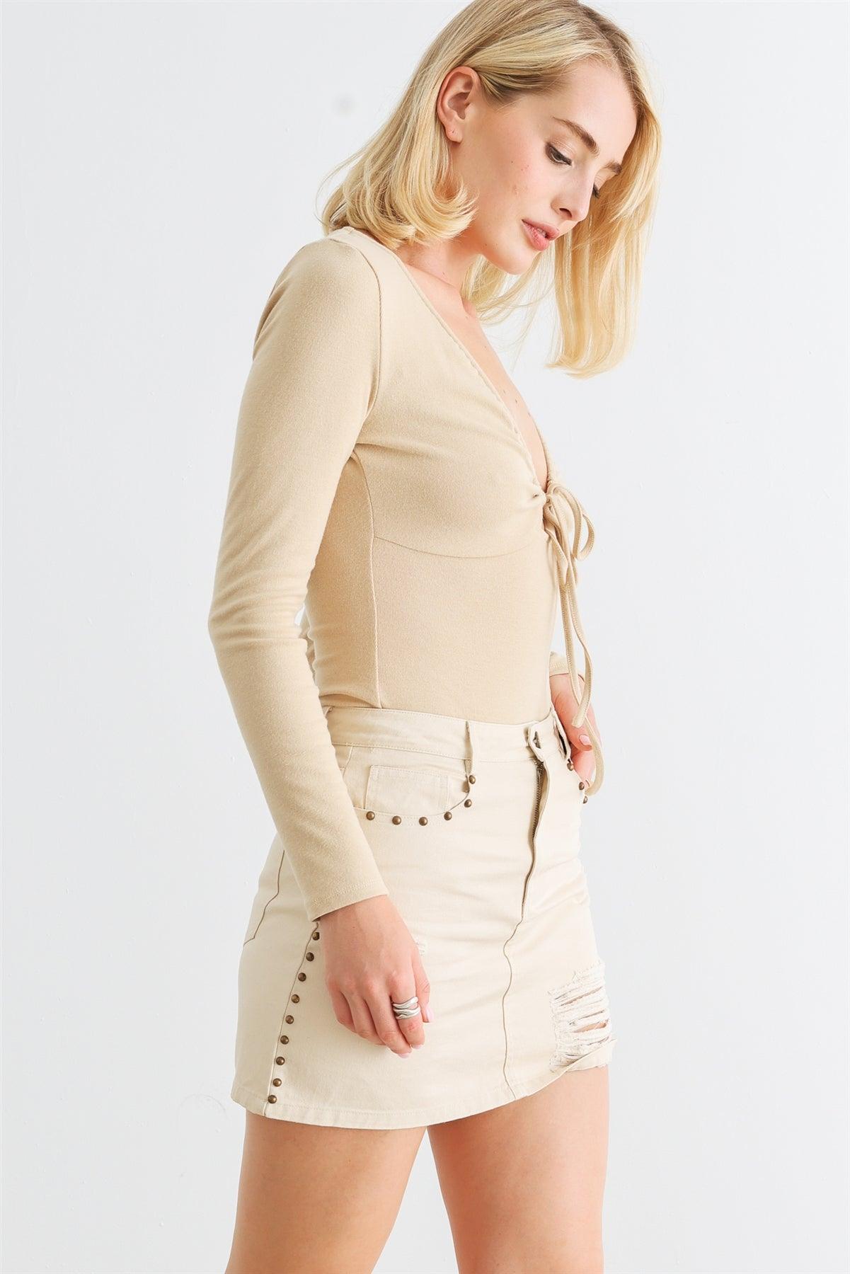 Taupe Denim Cotton Distressed High Waist Mini Skirt /1-2-2-1