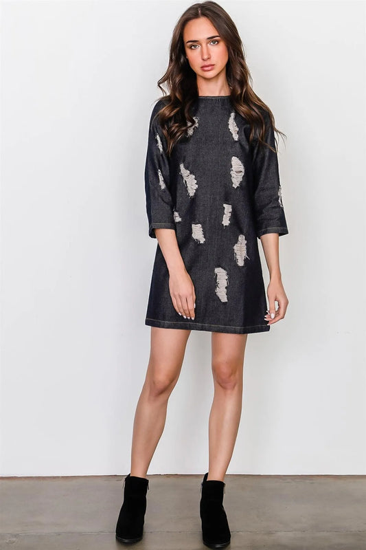 Black Denim Distressed Mini Dress /3-2 - Tasha Apparel Wholesale