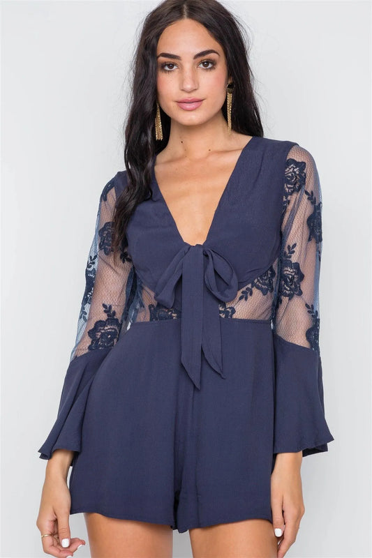 Navy Floral Embroidery Bell Sleeve Romper /1-3-2-1 - Tasha Apparel Wholesale