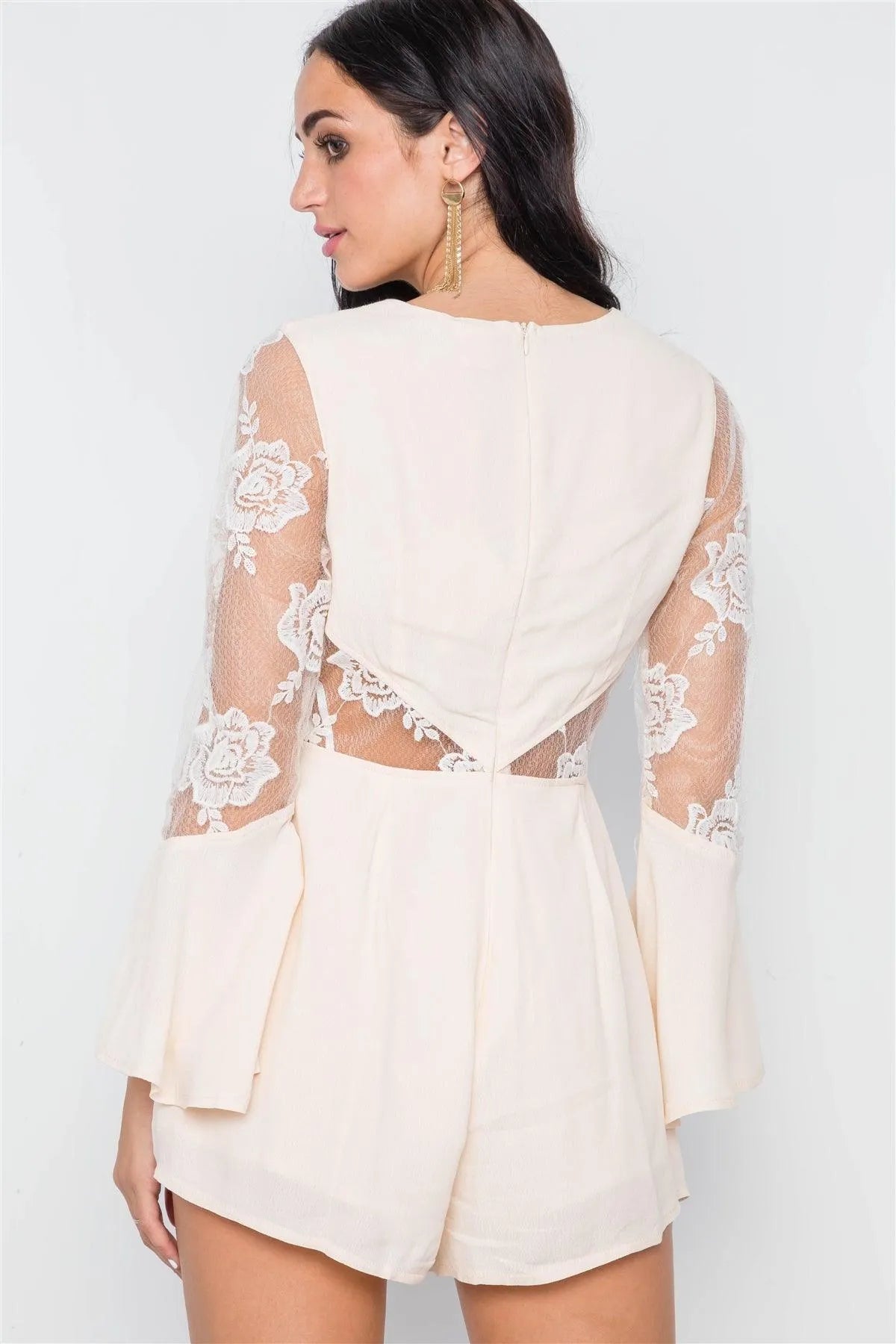 Nude Floral Embroidery Bell Sleeve Romper /1-3-2-1 - Tasha Apparel Wholesale