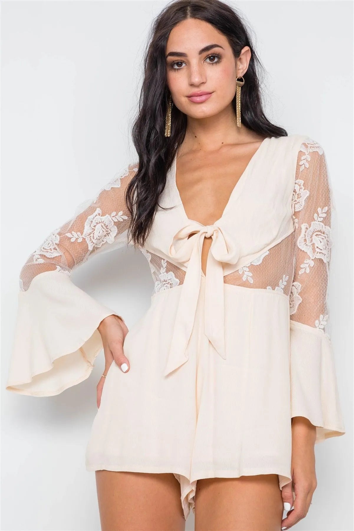 Nude Floral Embroidery Bell Sleeve Romper /1-3-2-1 - Tasha Apparel Wholesale