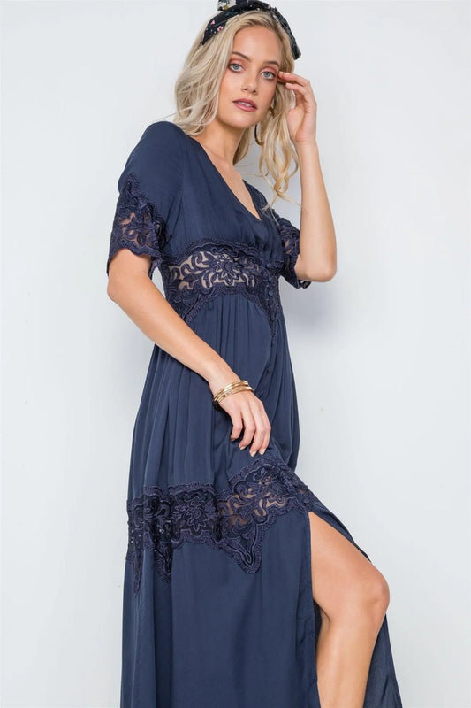 Navy Button Down Short Sleeve Maxi Boho Dress /1-1-1 - Tasha Apparel Wholesale