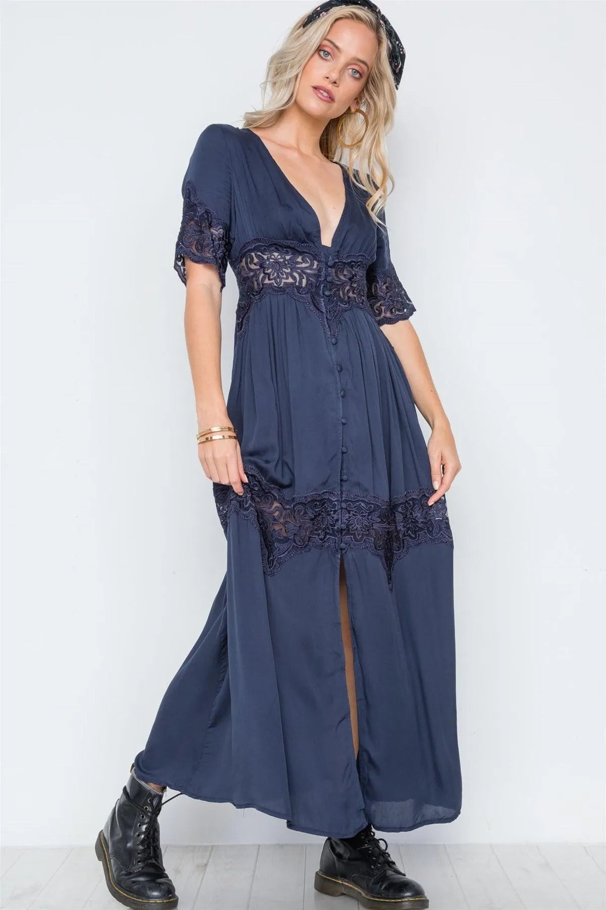 Navy Button Down Short Sleeve Maxi Boho Dress /1-1-1 - Tasha Apparel Wholesale