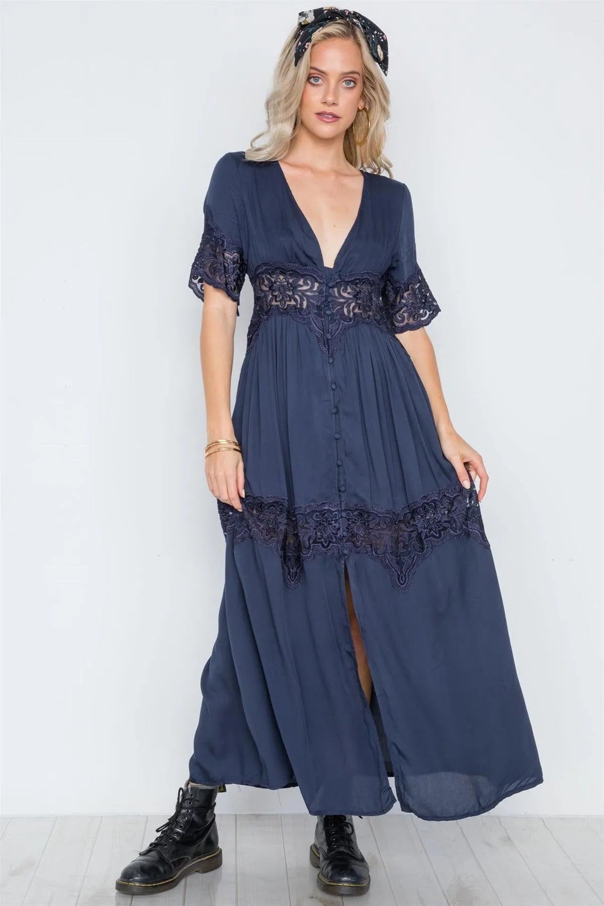 Navy Button Down Short Sleeve Maxi Boho Dress /1-1-1 - Tasha Apparel Wholesale