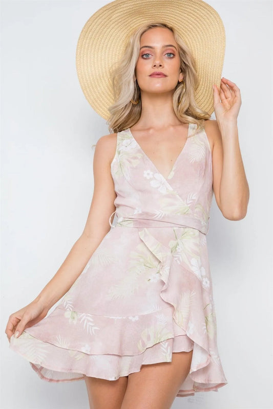 Pink Tropical Floral Print Sleeveless V-Neck Mini Dress /2-2-2-2 - Tasha Apparel Wholesale