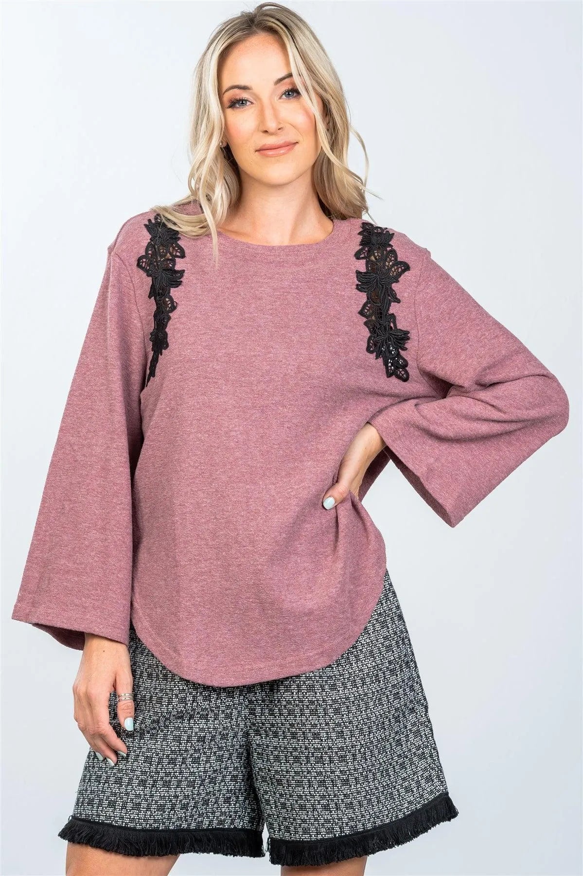 Boho Mauve Contrast Floral Crochet Pullover /2-2-2 - Tasha Apparel Wholesale