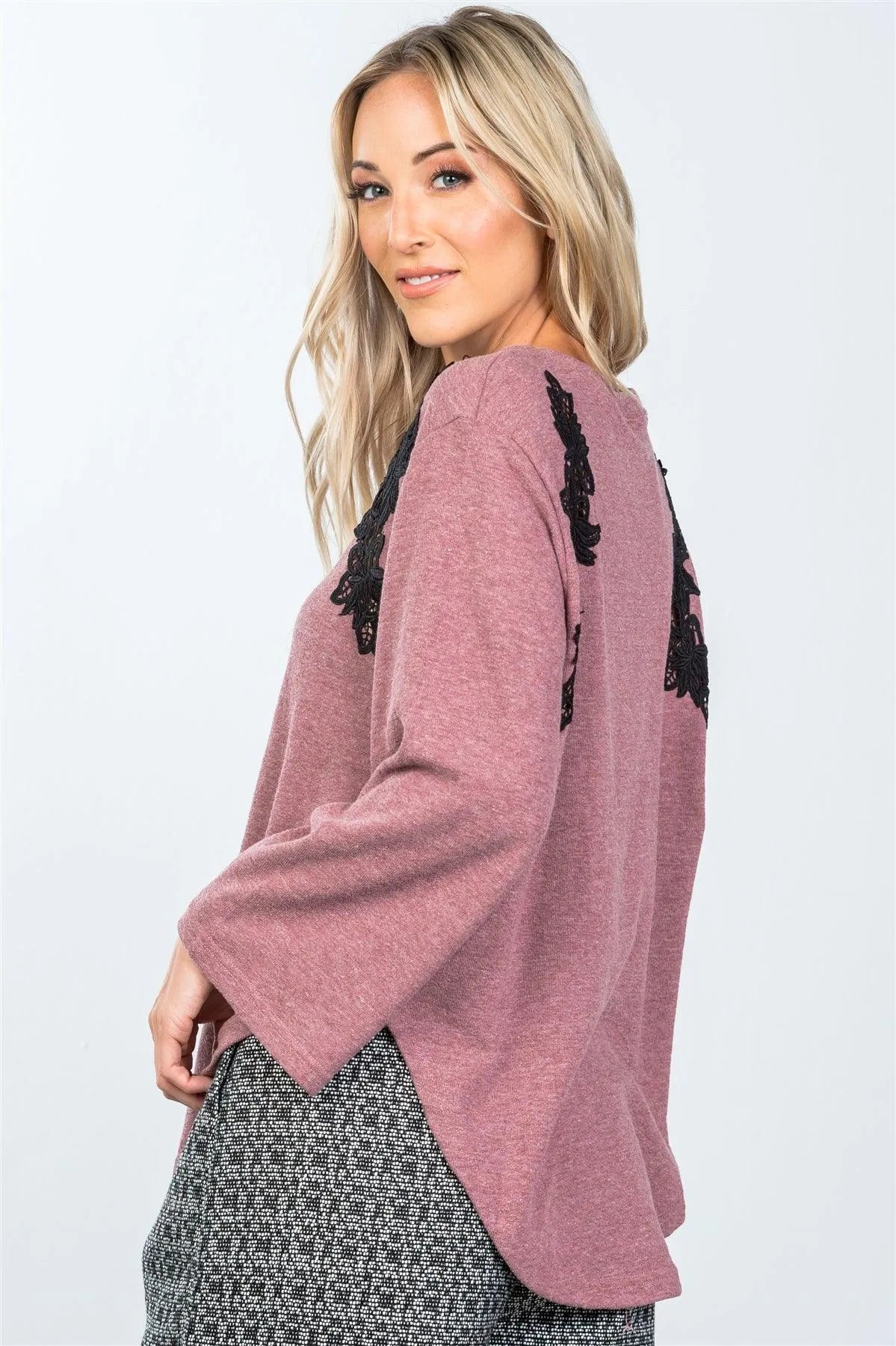 Boho Mauve Contrast Floral Crochet Pullover /2-2-2 - Tasha Apparel Wholesale