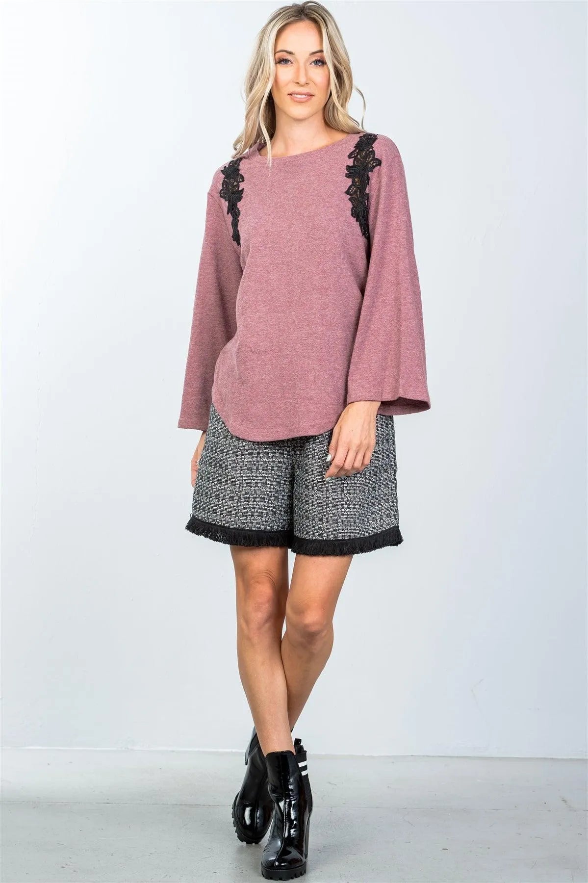 Boho Mauve Contrast Floral Crochet Pullover /2-2-2 - Tasha Apparel Wholesale