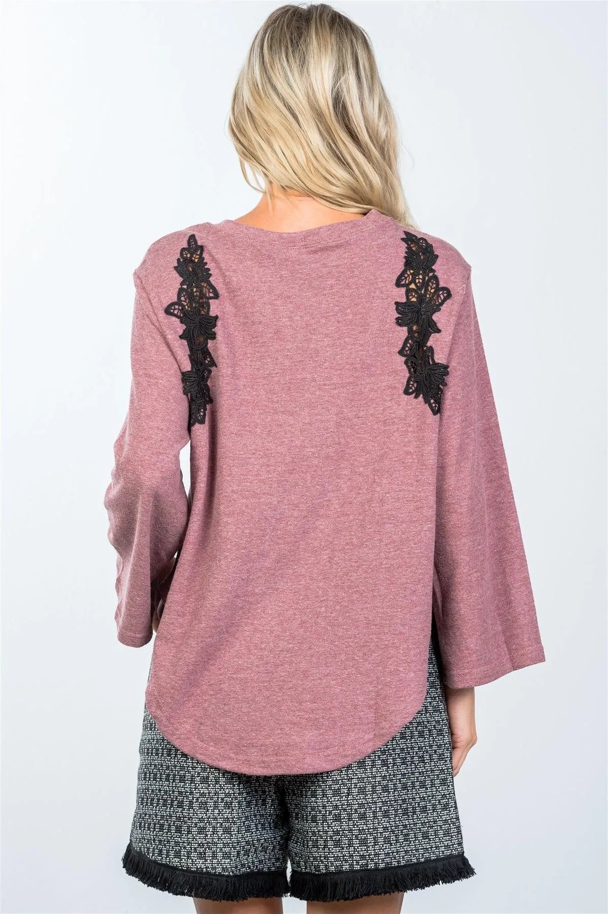 Boho Mauve Contrast Floral Crochet Pullover /2-2-2 - Tasha Apparel Wholesale