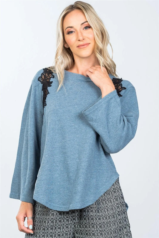 Boho Navy Contrast Floral Crochet Pullover /2-2-2 - Tasha Apparel Wholesale