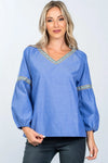 Boho Denim Drop Shoulder Embroidery Blouse /2-2-2 - Tasha Apparel Wholesale