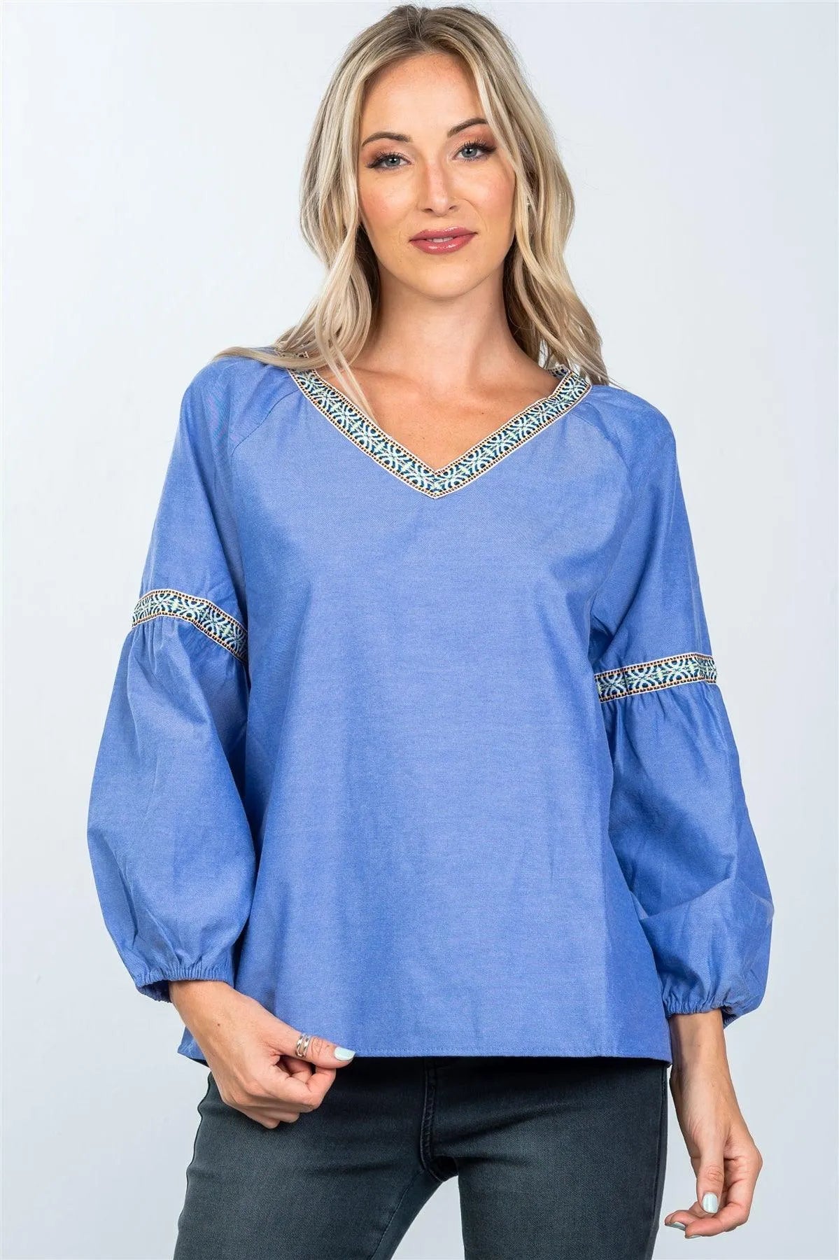 Boho Denim Drop Shoulder Embroidery Blouse /2-2-2 - Tasha Apparel Wholesale