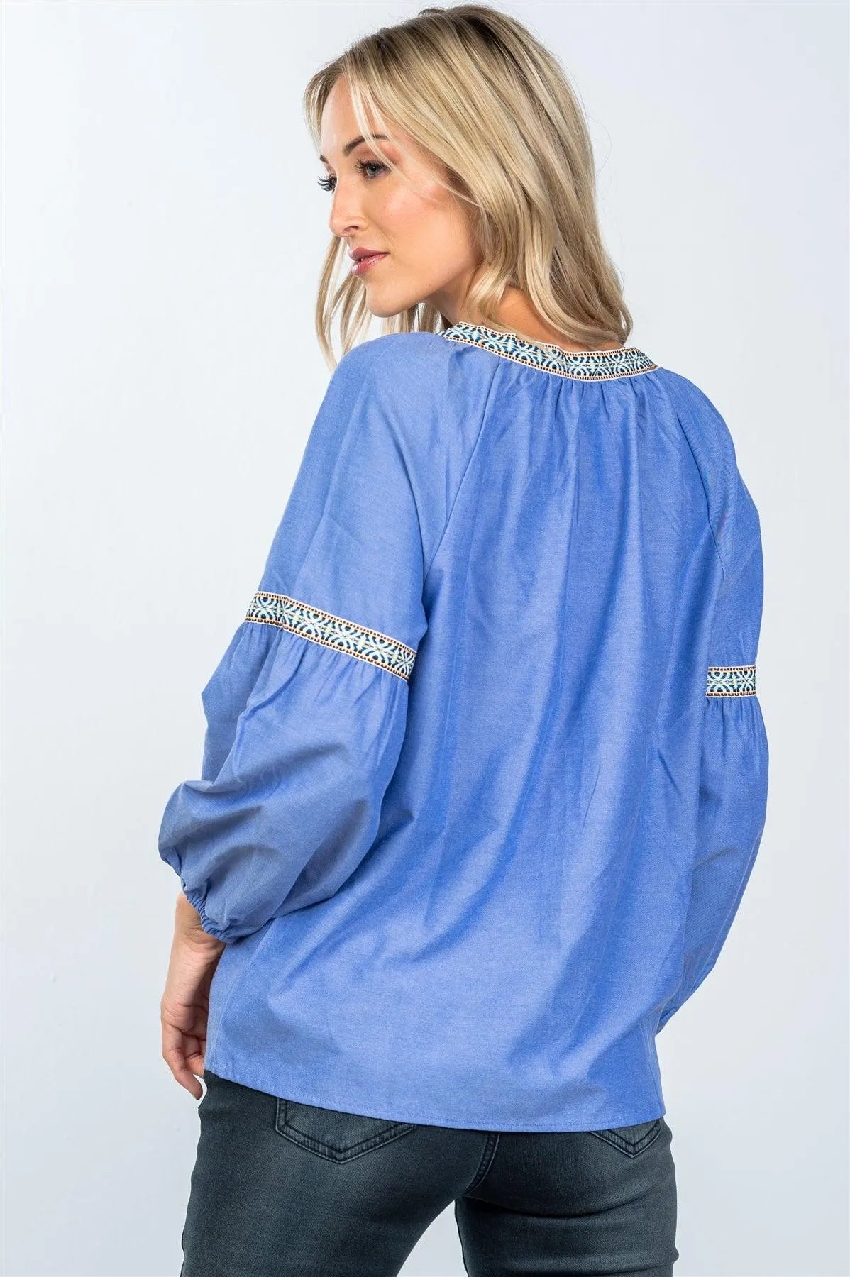 Boho Denim Drop Shoulder Embroidery Blouse /2-2-2 - Tasha Apparel Wholesale