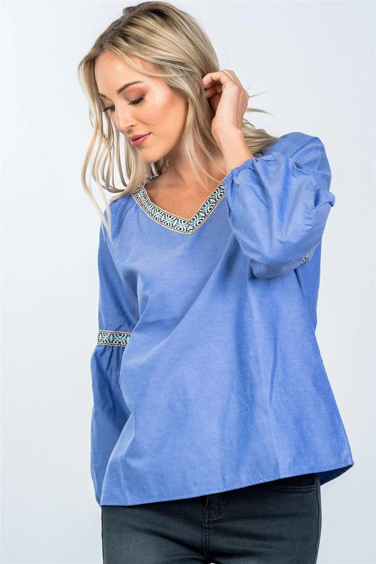 Boho Denim Drop Shoulder Embroidery Blouse /2-2-2 - Tasha Apparel Wholesale