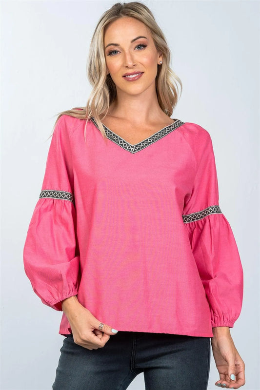 Boho Tomato Red Drop Shoulder Embroidery Blouse /2-2-2 - Tasha Apparel Wholesale