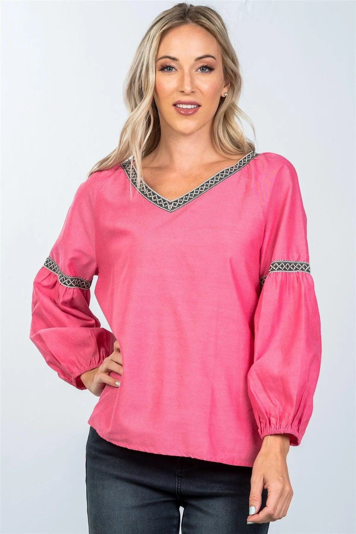 Boho Tomato Red Drop Shoulder Embroidery Blouse /2-2-2 - Tasha Apparel Wholesale