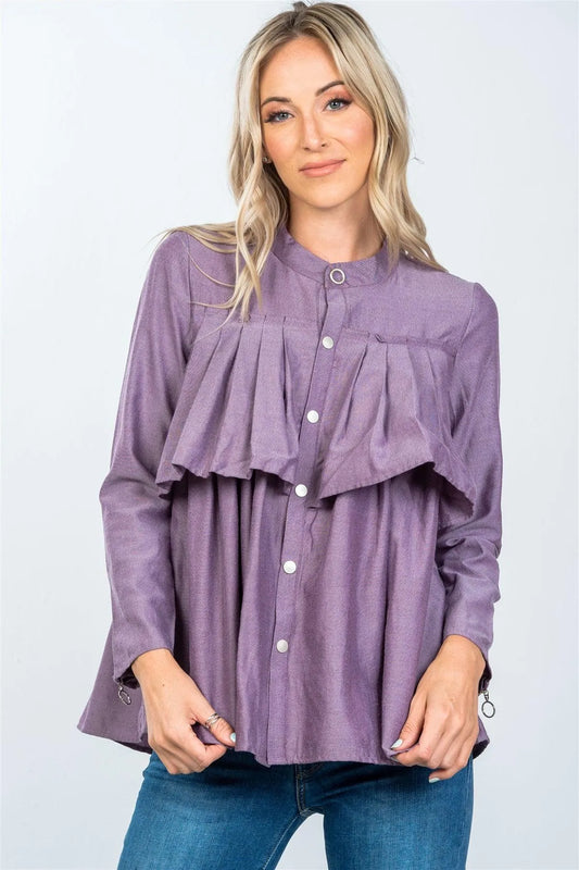 Purple Brown Layer Pleated Button Down Boho Top /2-2-2 - Tasha Apparel Wholesale