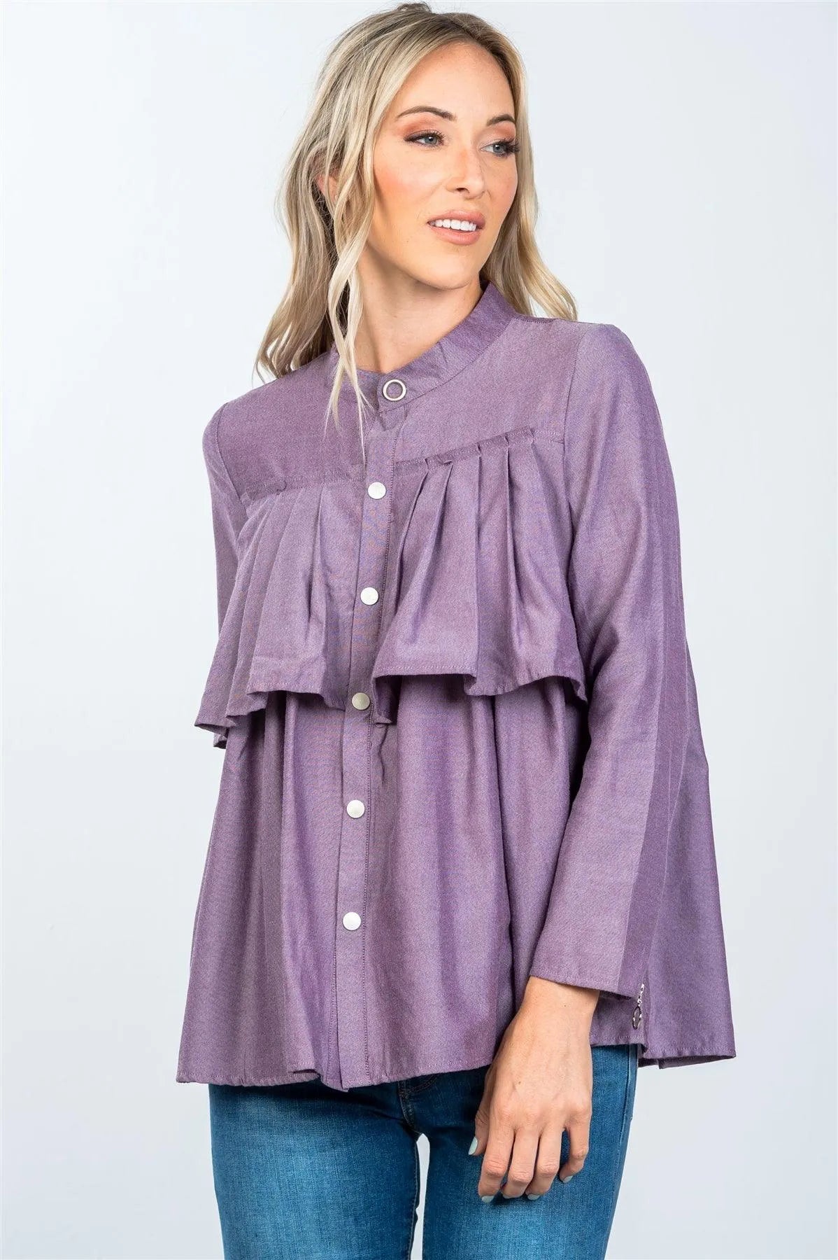 Purple Brown Layer Pleated Button Down Boho Top /2-2-2 - Tasha Apparel Wholesale