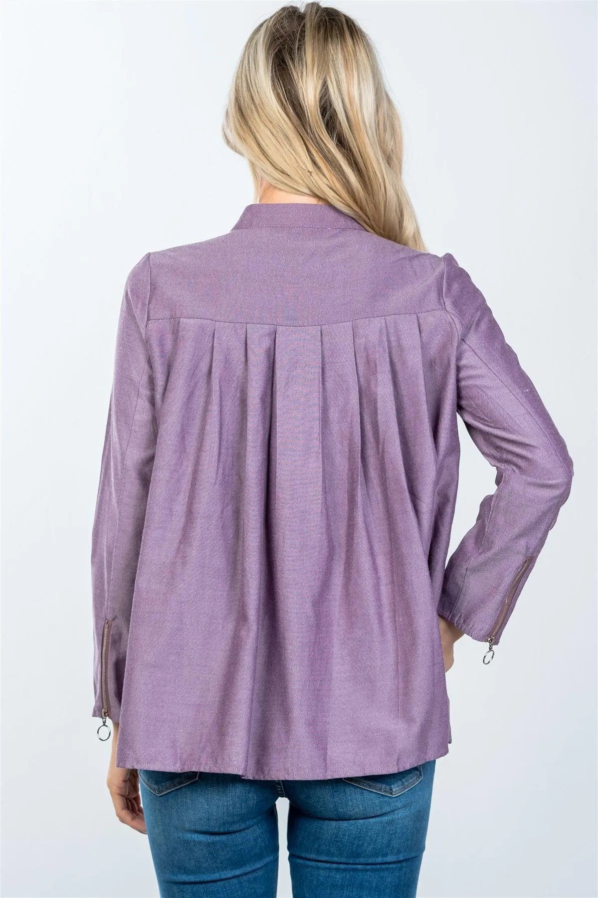 Purple Brown Layer Pleated Button Down Boho Top /2-2-2 - Tasha Apparel Wholesale