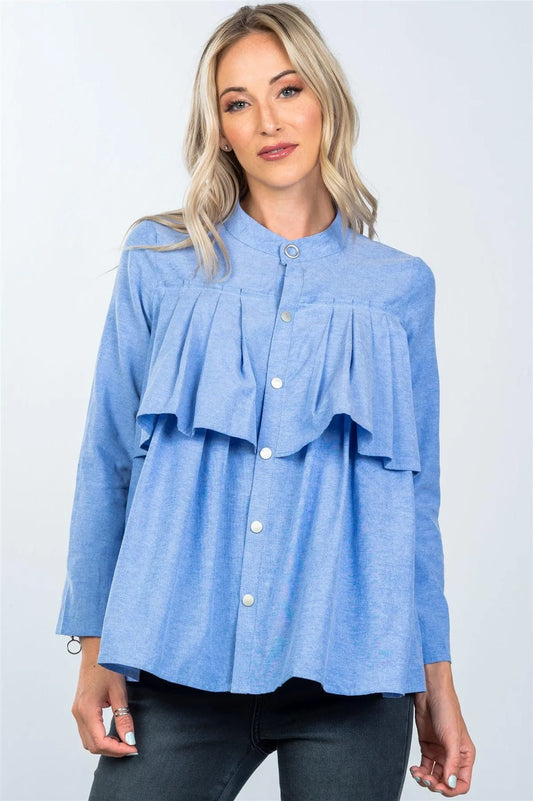 Denim Blue Layer Pleated Button Down Boho Top /2-2-2 - Tasha Apparel Wholesale