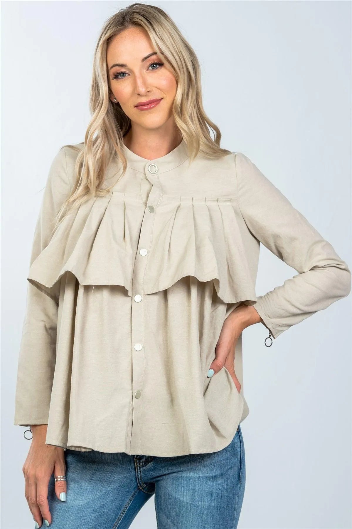 Taupe Layer Pleated Button Down Boho Top /2-2-2 - Tasha Apparel Wholesale