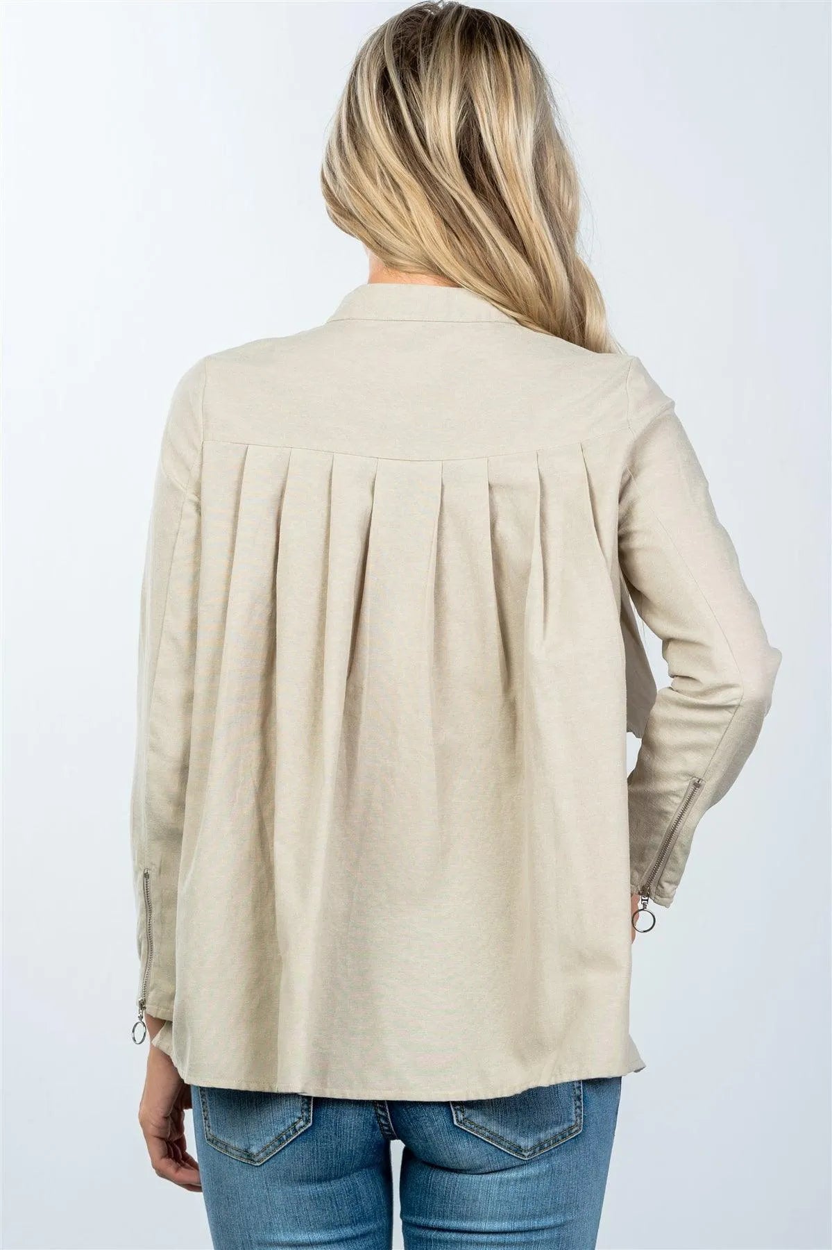 Taupe Layer Pleated Button Down Boho Top /2-2-2 - Tasha Apparel Wholesale
