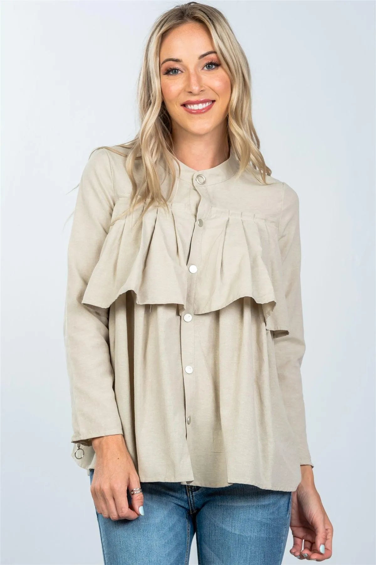 Taupe Layer Pleated Button Down Boho Top /2-2-2 - Tasha Apparel Wholesale