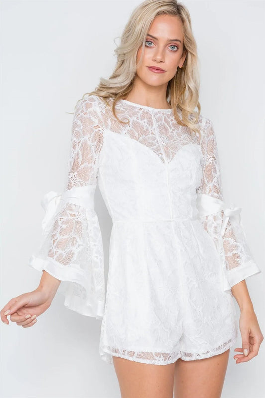 White Floral Lace Bell Sleeves Romper /1-3-2-1 - Tasha Apparel Wholesale