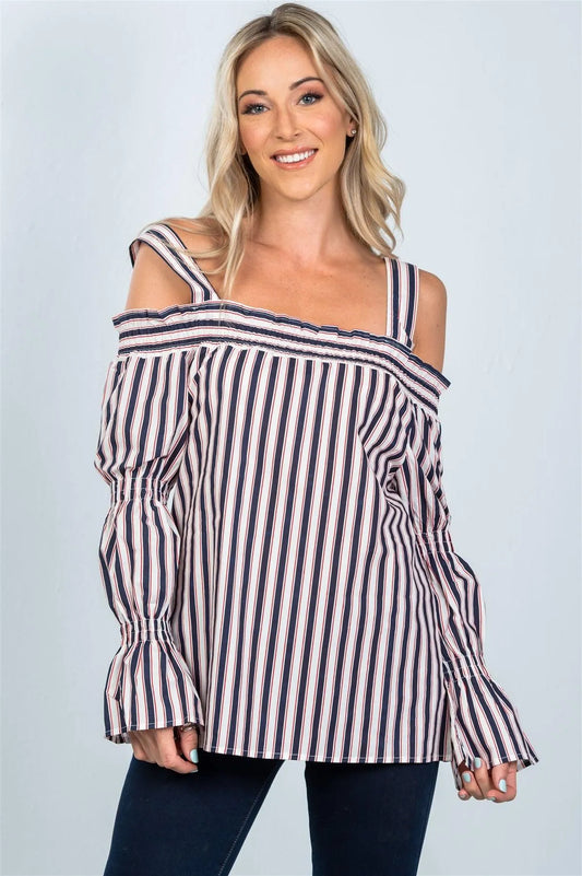 Navy Boho Stripe Cold Shoulder Top /2-2-2 - Tasha Apparel Wholesale