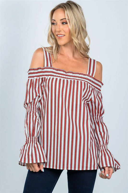 Red Boho Stripe Cold Shoulder Top /2-2-2 - Tasha Apparel Wholesale