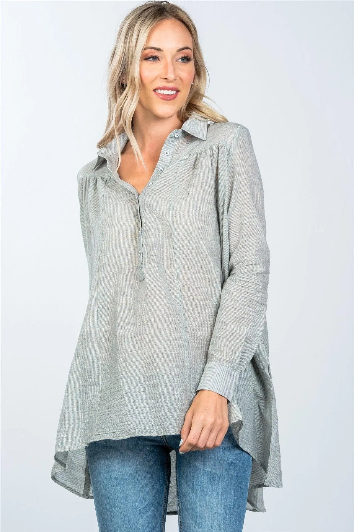 Black Front Button Up Loose Boho Blouse /2-2-2 - Tasha Apparel Wholesale