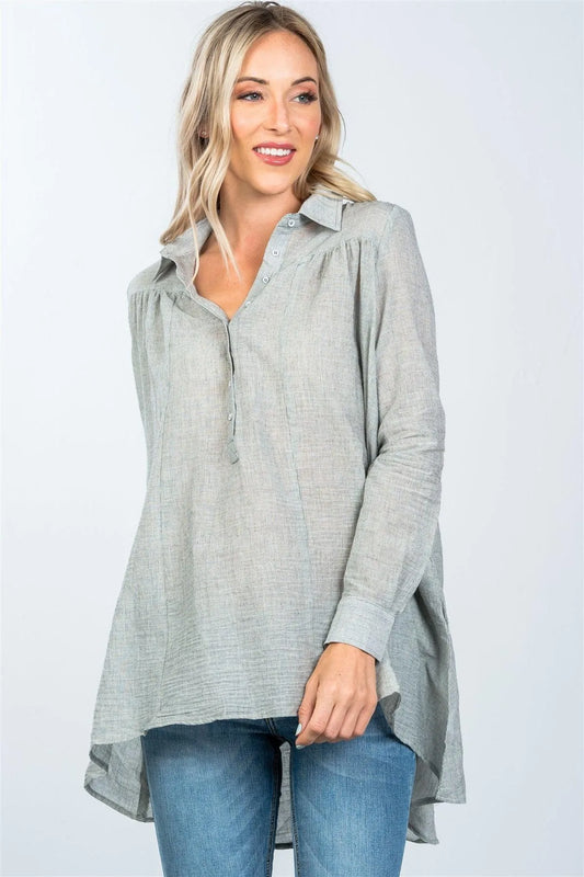 Black Front Button Up Loose Boho Blouse /2-2-2 - Tasha Apparel Wholesale