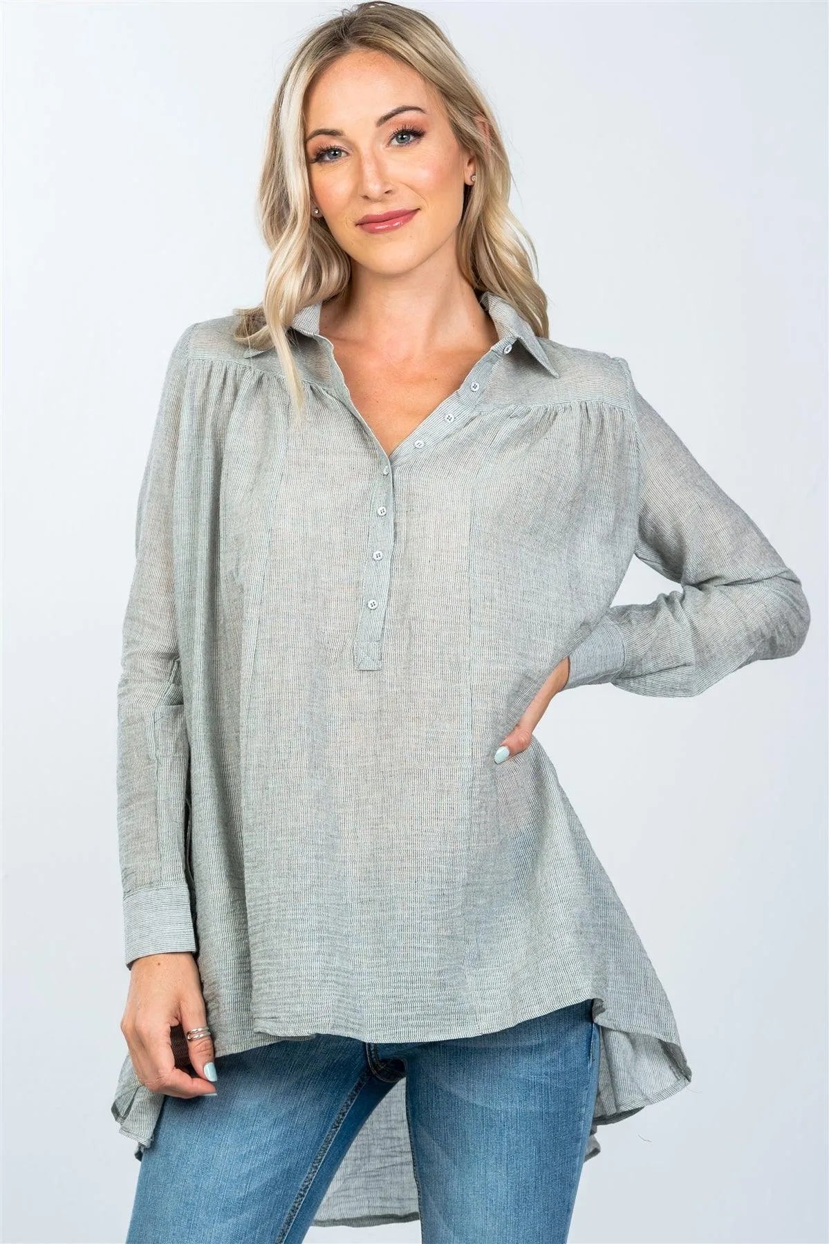 Black Front Button Up Loose Boho Blouse /2-2-2 - Tasha Apparel Wholesale