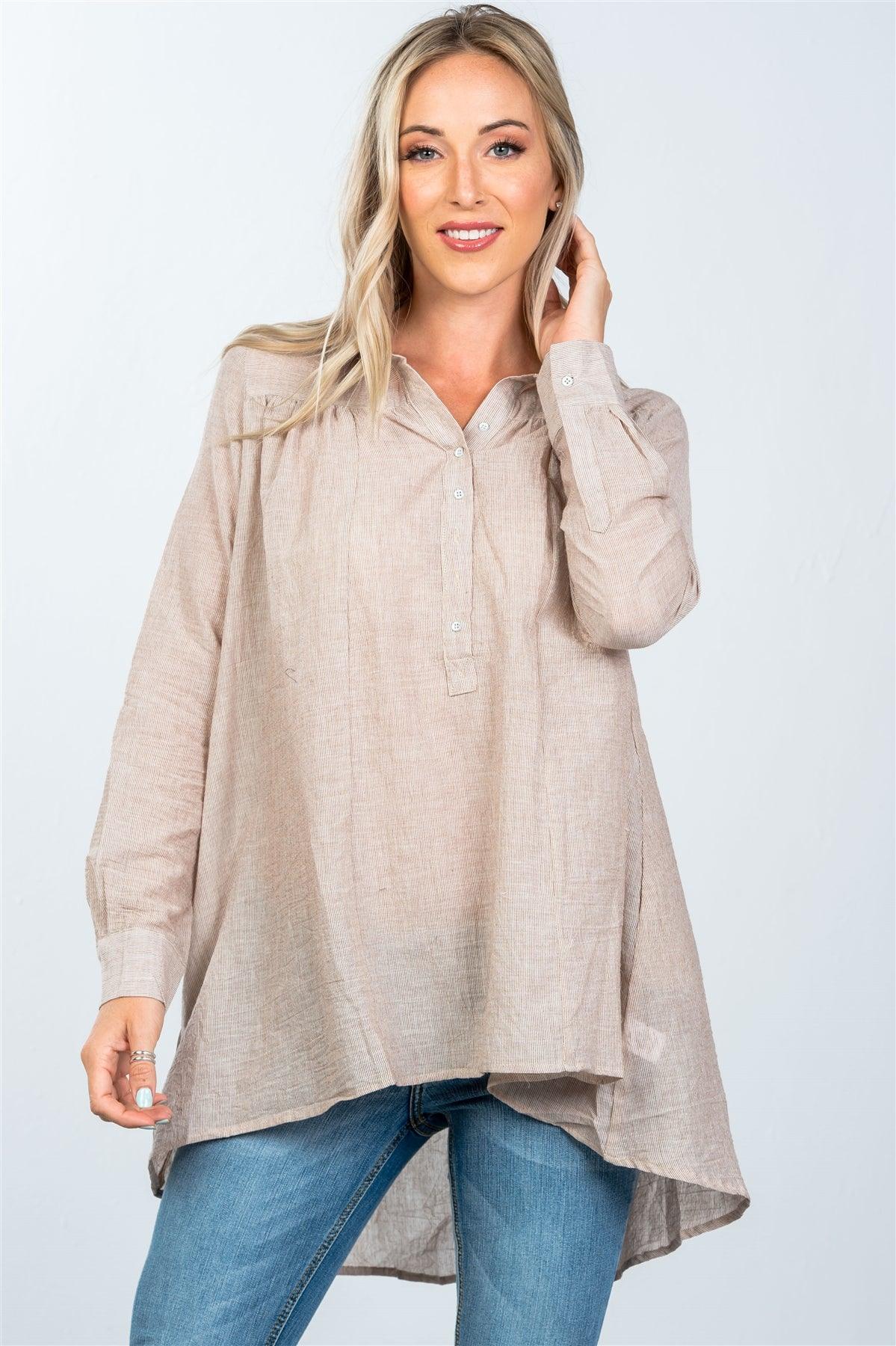 Brown Front Button Up Loose Boho Blouse /2-2-2