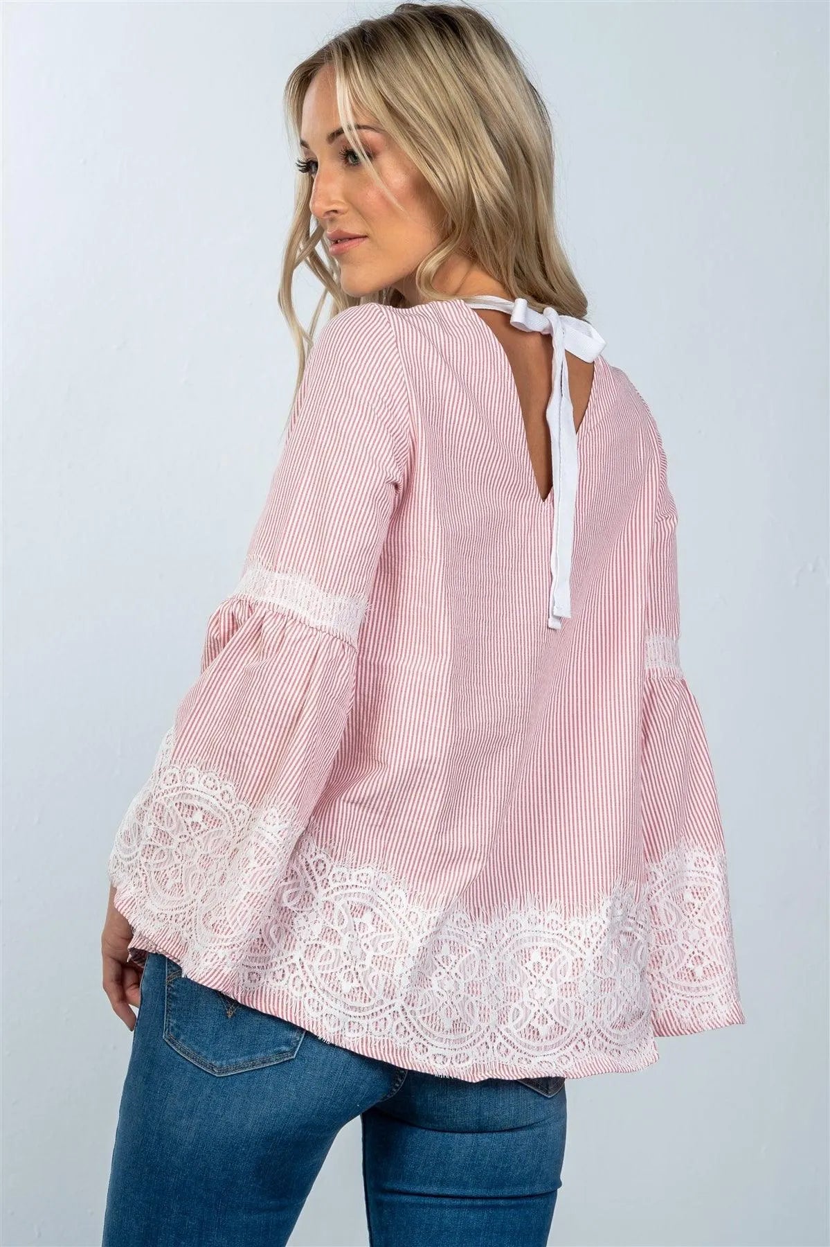 Tomato Red Striped Tie Back Bell Sleeve Boho Top /2-2-2 - Tasha Apparel Wholesale