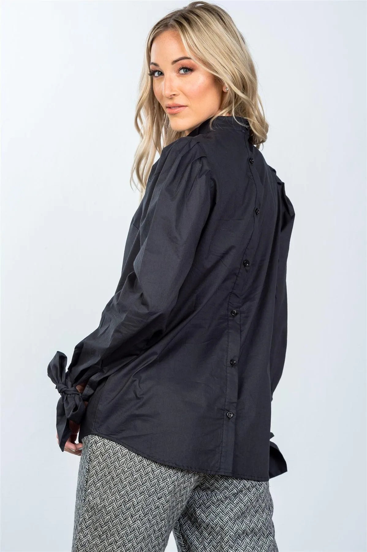 Black Tie-Sleeves Back Button Closure Shirt /3-2-1 - Tasha Apparel Wholesale