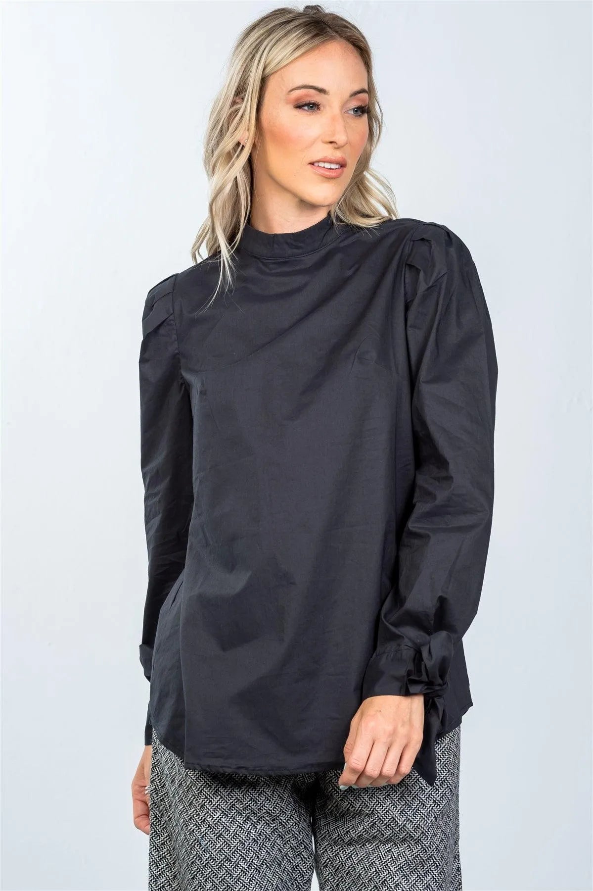 Black Tie-Sleeves Back Button Closure Shirt /3-2-1 - Tasha Apparel Wholesale