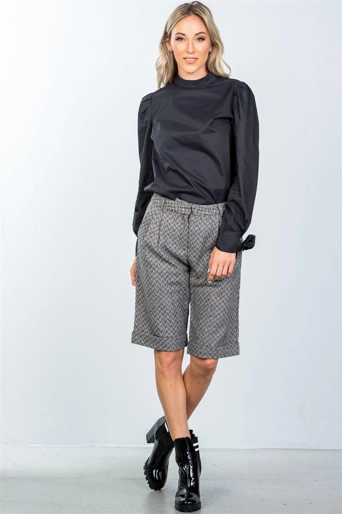 Black Tie-Sleeves Back Button Closure Shirt /3-2-1 - Tasha Apparel Wholesale