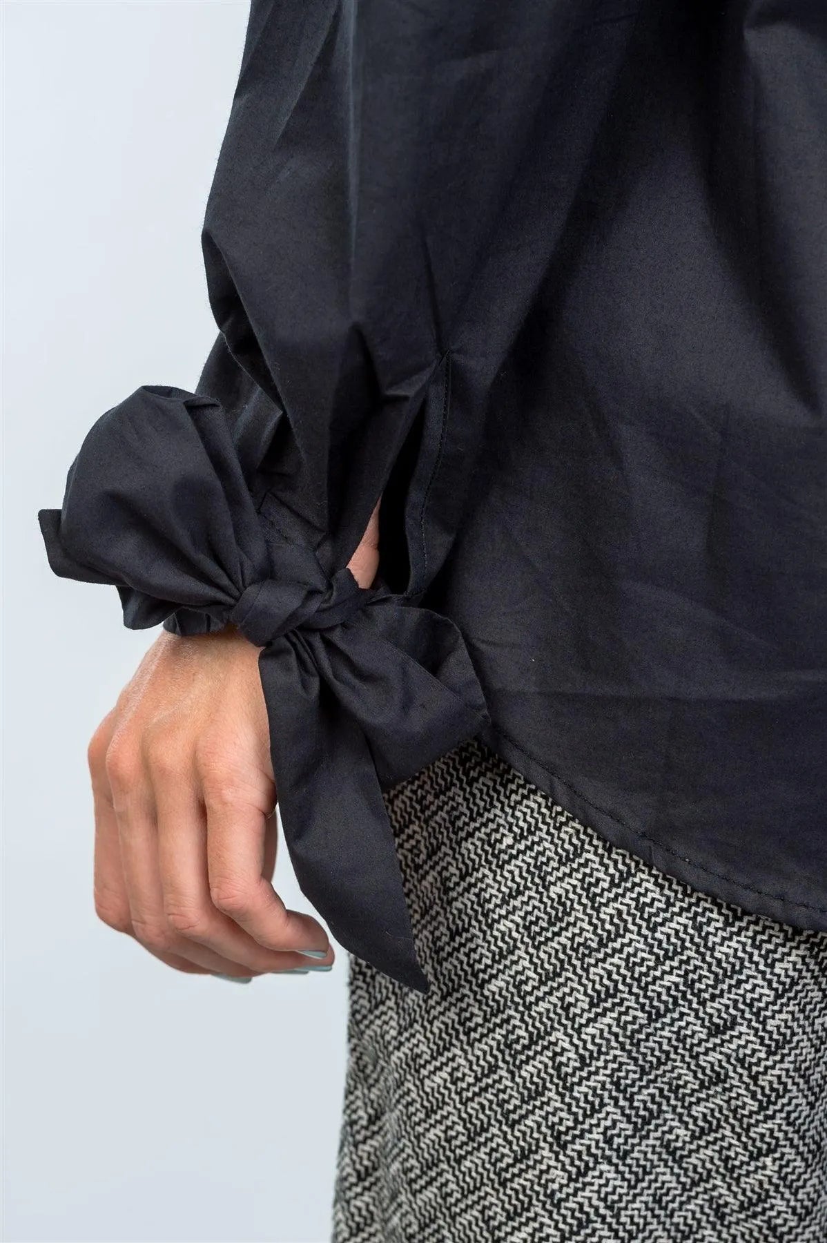 Black Tie-Sleeves Back Button Closure Shirt /3-2-1 - Tasha Apparel Wholesale