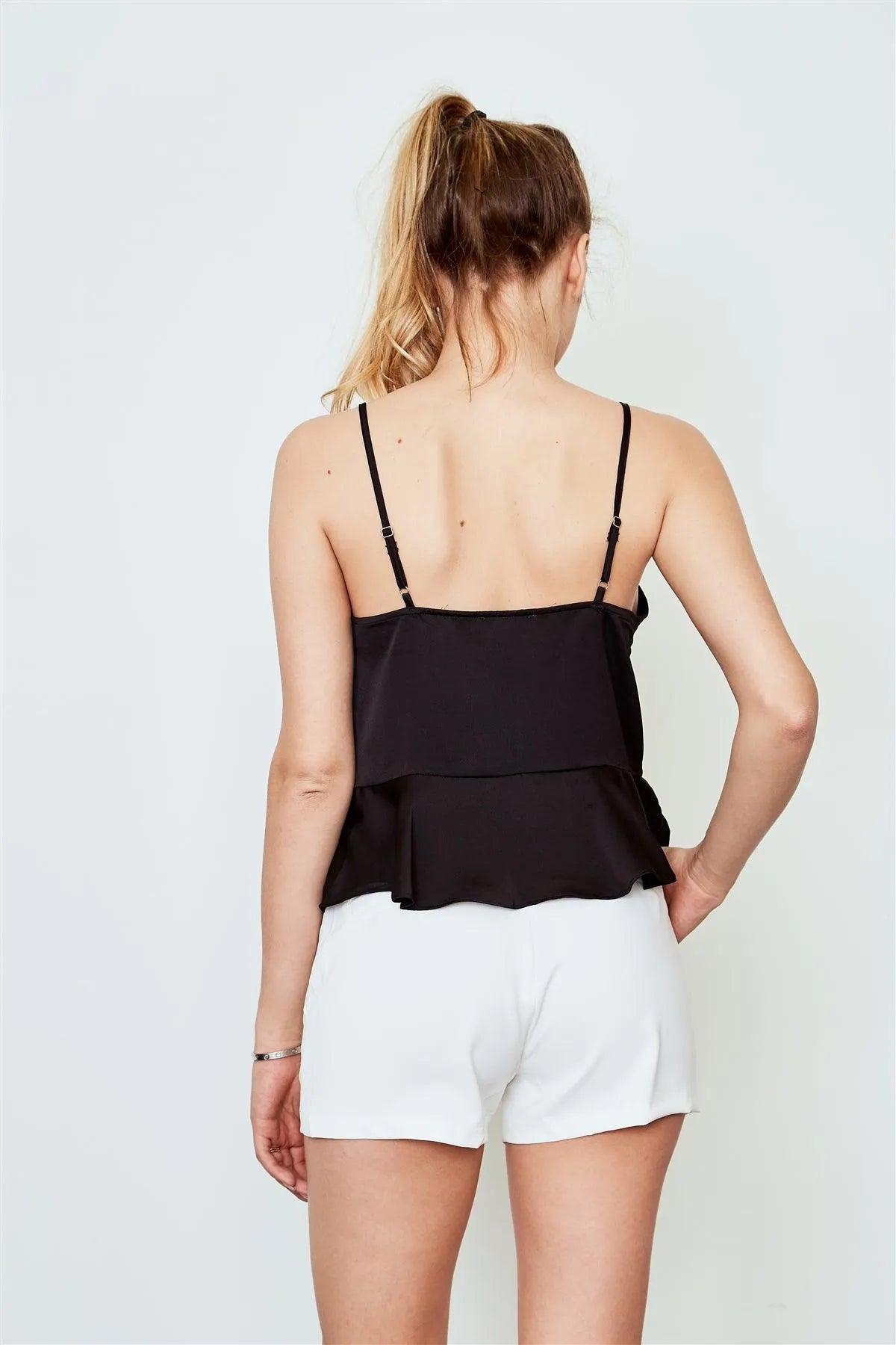 Black Ruffle Trim Drawstring Front Cami Top /3-2-1 - Tasha Apparel Wholesale