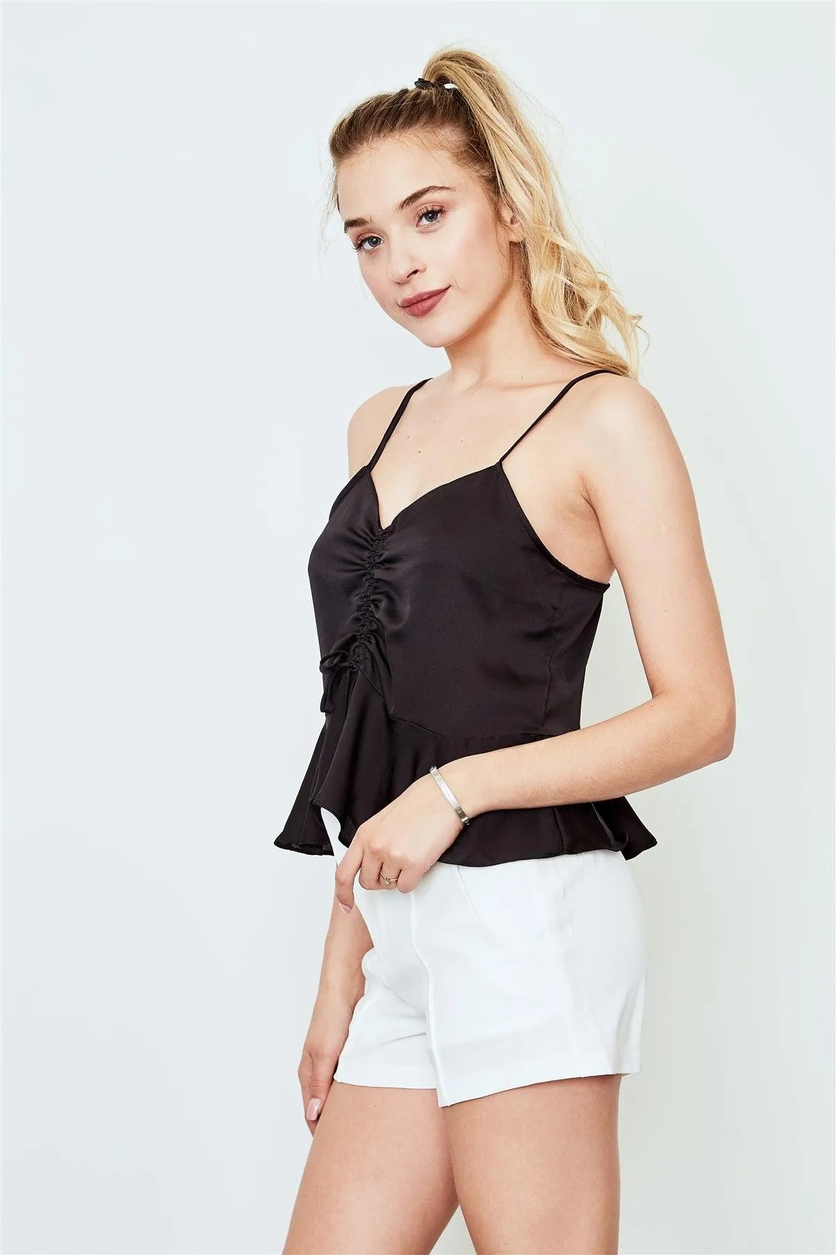 Black Ruffle Trim Drawstring Front Cami Top /3-2-1 - Tasha Apparel Wholesale