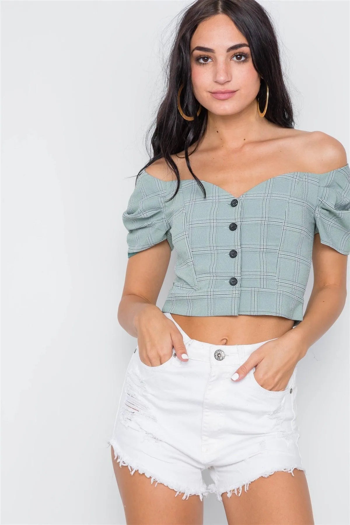Sage Off-The-Shoulder Puff Sleeves Button Down Crop Top - Tasha Apparel Wholesale