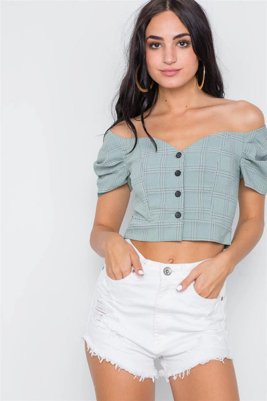 Sage Off-The-Shoulder Puff Sleeves Button Down Crop Top - Tasha Apparel Wholesale