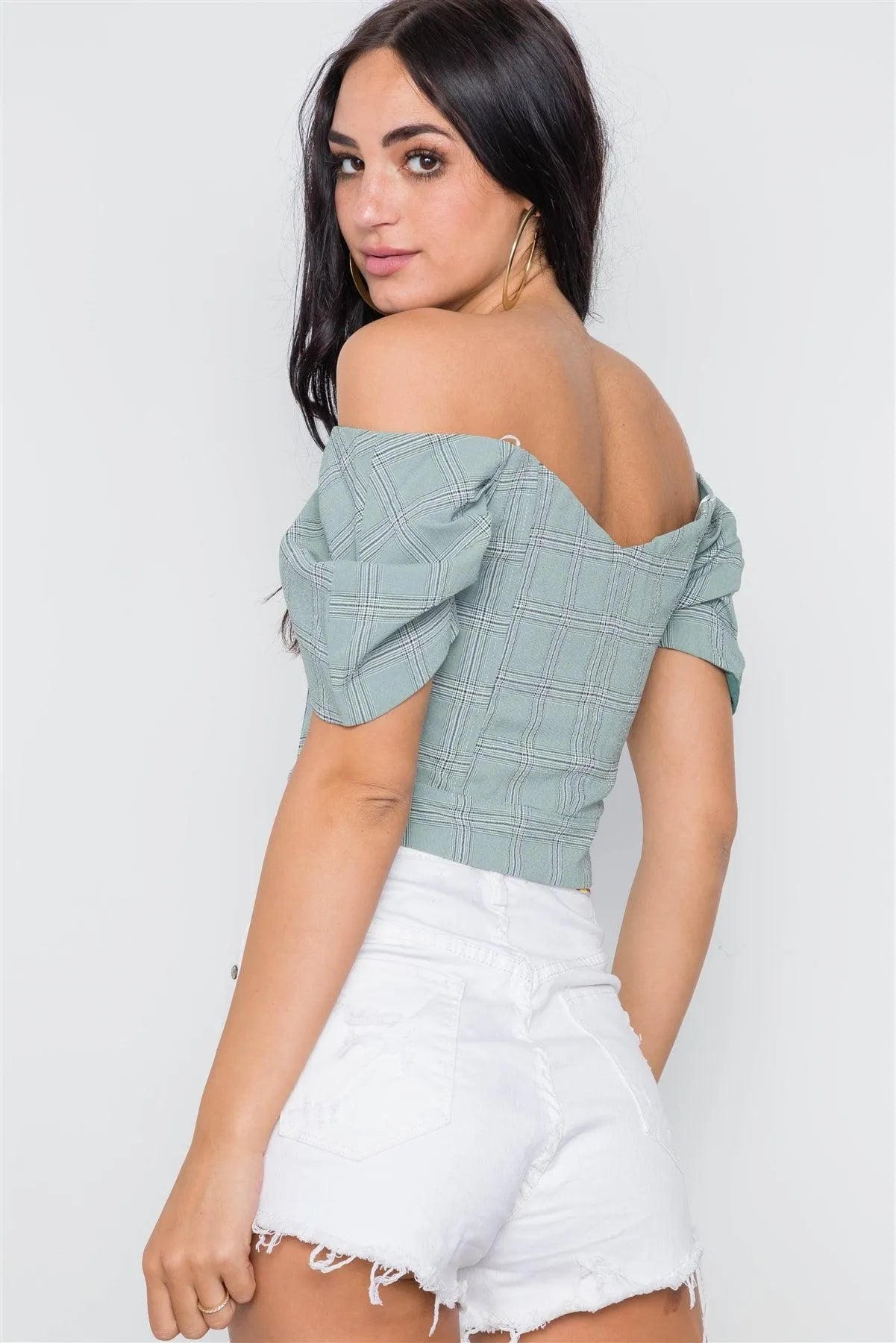Sage Off-The-Shoulder Puff Sleeves Button Down Crop Top - Tasha Apparel Wholesale