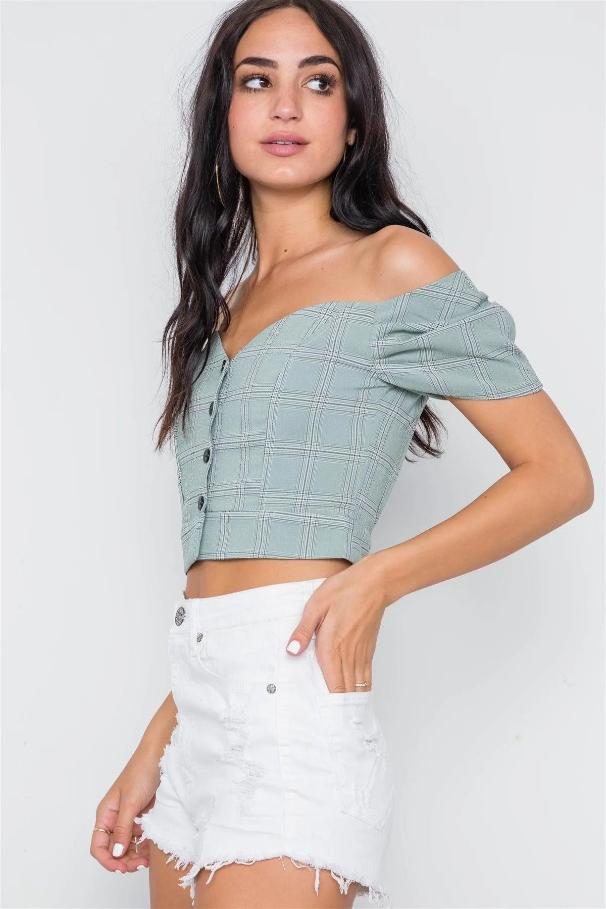 Sage Off-The-Shoulder Puff Sleeves Button Down Crop Top - Tasha Apparel Wholesale