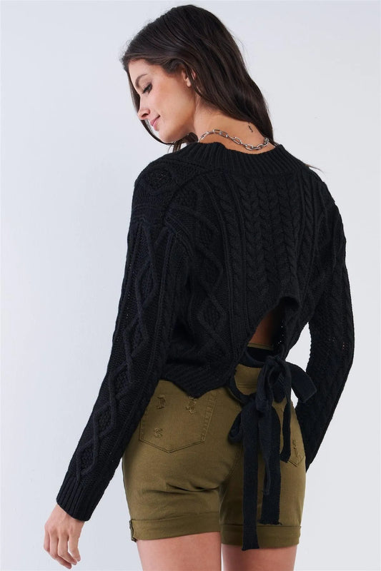 Black Long Sleeve V-Neck Knit Self-Tie Open Back Cropped Sweater /2-2-2 - Tasha Apparel Wholesale