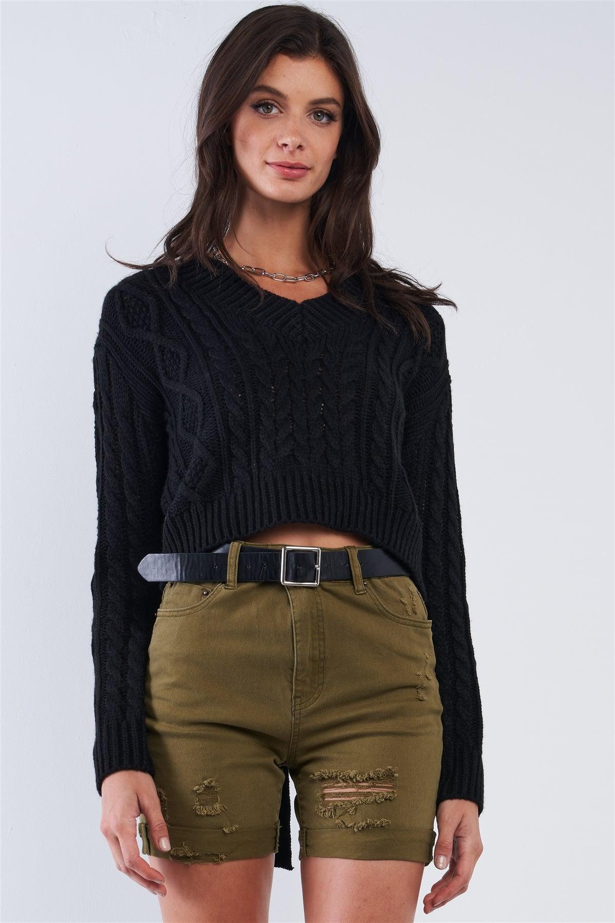Black Long Sleeve V-Neck Knit Self-Tie Open Back Cropped Sweater /2-2-2