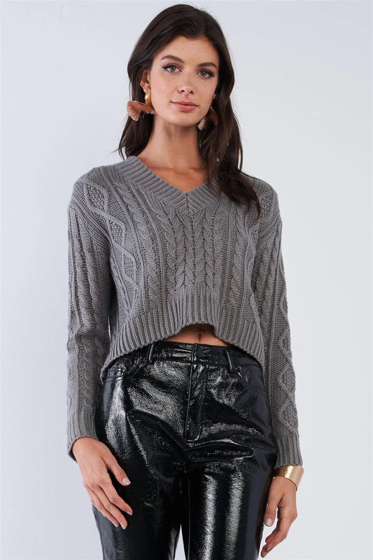 Grey Long Sleeve V-Neck Knit Self-Tie Open Back Cropped Sweater /2-2-2 - Tasha Apparel Wholesale