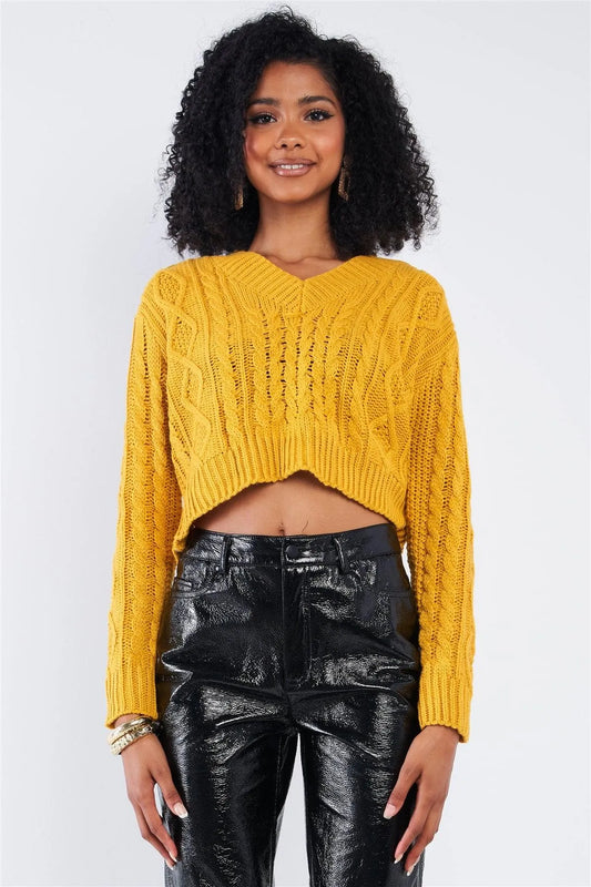 Mustard Long Sleeve V-Neck Knit Self-Tie Open Back Cropped Sweater - Tasha Apparel Wholesale