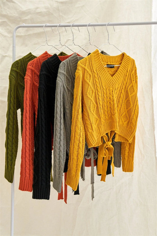 Olive Green Long Sleeve V-Neck Cable Knit Self-Tie Cut Out Back Cropped Sweater /2-2-2 - Tasha Apparel Wholesale